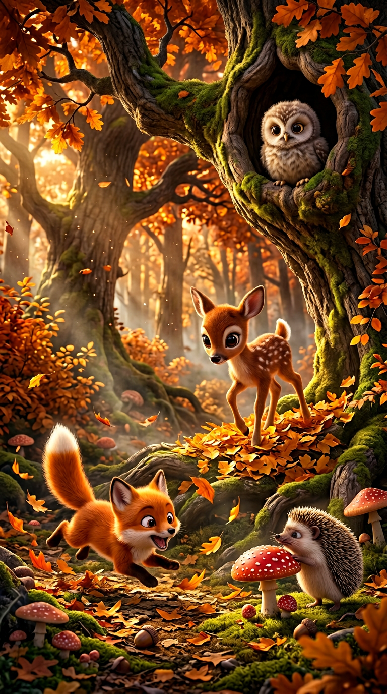 Autumn forest with deer, owl and fox